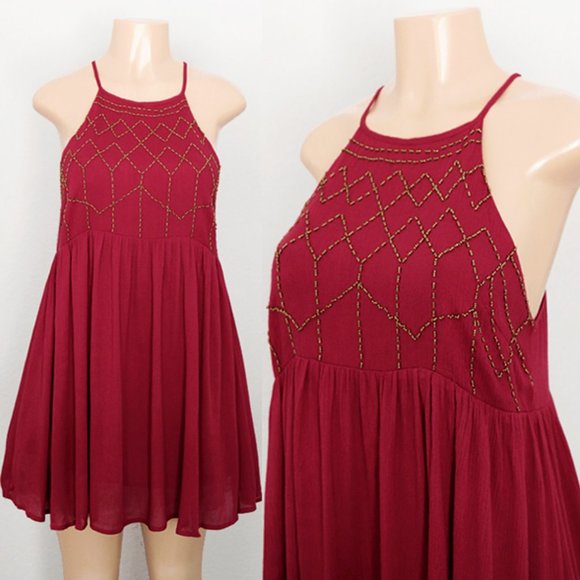 NEW Beaded Apron Neckline Trapeze Boho Mini Dress - Picture 1 of 8